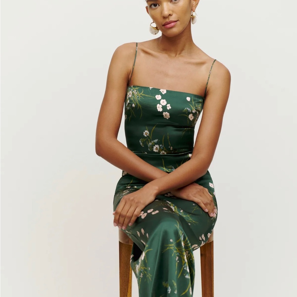 Reformation Frankie Silk Dress Green *altered* - Picture 2 of 15